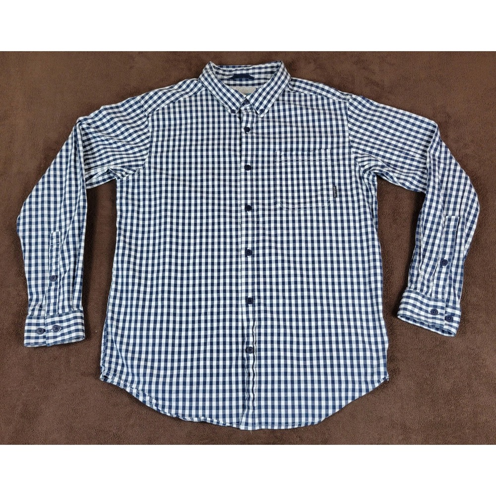 Columbia Mens Gingham Check Button Down‎ Shirt Navy Blue White AM7968 Size L